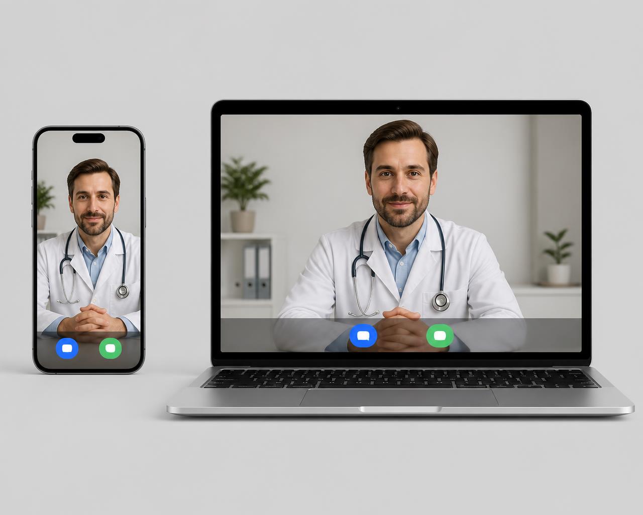 Celular e notebook exibindo uma consulta médica por vídeo